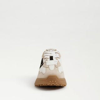 Neutral retro lace up sneaker with white mesh upper and tan suede inside side view