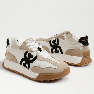 Sam Edelman Langley retro sneaker in white mesh with tan suede overlays and black logo detail angled side view