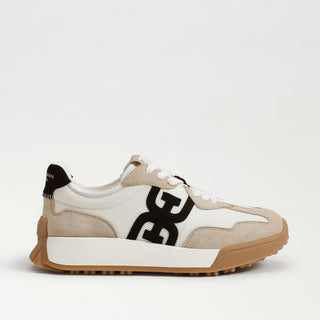 Sam Edelman Langley sneaker white mesh and tan suede side profile with black logo detail