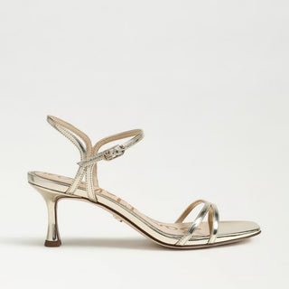 Sam Edelman Presley gold strappy kitten heel sandal with slim ankle strap and curved heel side profile