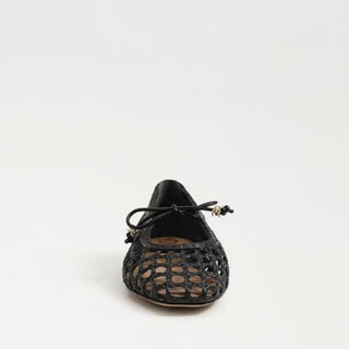 Black San Edelman Marcie flat featuring woven leather and ties with gold detailing 