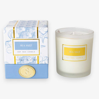 sea salt soy wax candle 5.6 oz in frosted glass with blue coastal box packaging and gold label