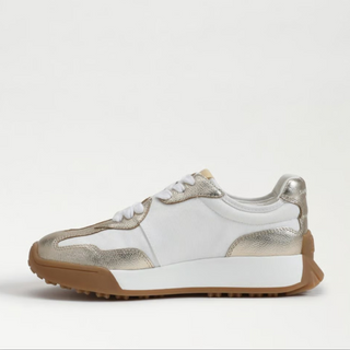 Sam Edelman Langley metallic gold and white sneaker with white platform midsole and gum sole, inner side view