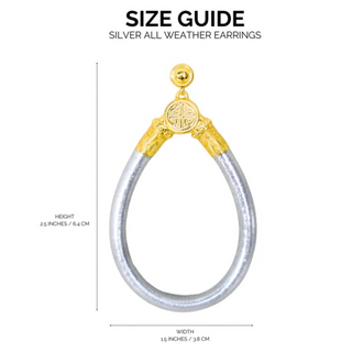 BudhaGirl Silver All Weather Earrings measurement guide displaying 2.5-inch height and 1.5-inch width, silver teardrop statement earrings with gold-tone details, size reference chart
