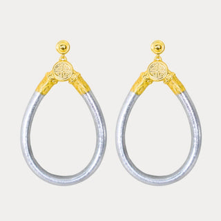 BudhaGirl Silver All Weather Earrings with metallic silver teardrop design and gold-tone details, statement drop earrings, front product view on white background