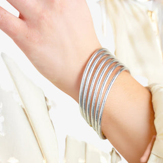 BudhaGirl All Weather Bangles in silver with gold accent details for everyday bracelet stacks front view