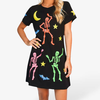 Black dress with colorful skeleton and star designs on a white background