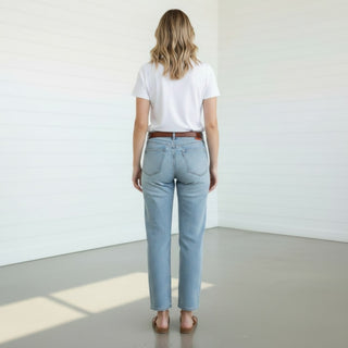Slim wide leg jeans back view highlighting high waist fit, back pockets, and straight wide leg cut
