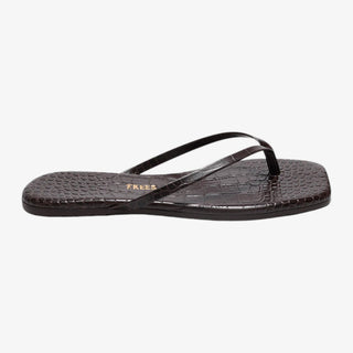 square toe flip flop sandal brown croc texture side view