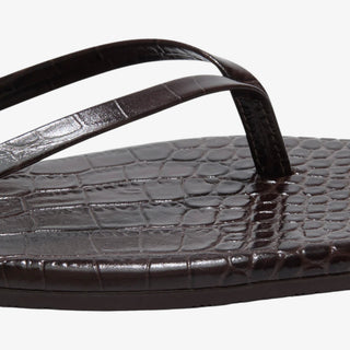 square toe flip flop sandal brown croc texture close up strap detail