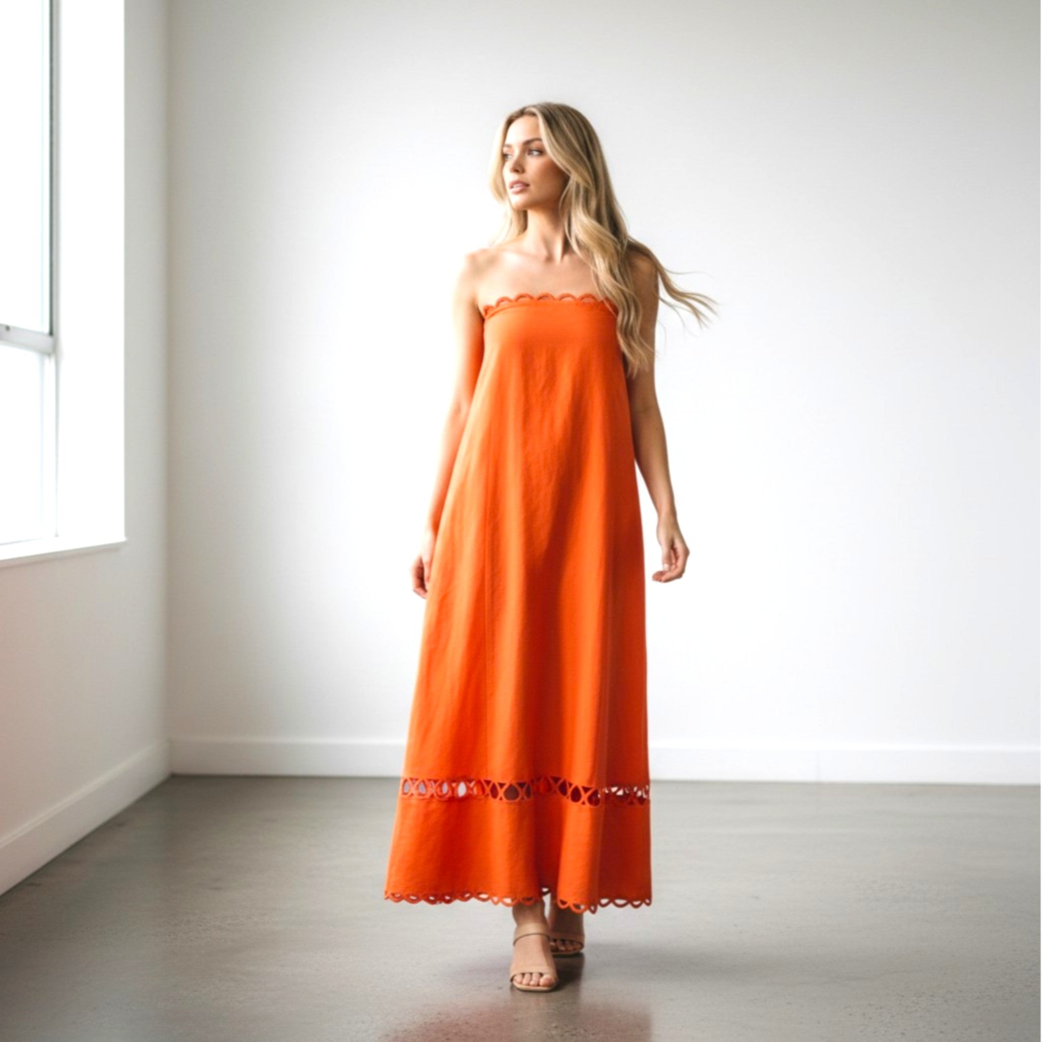 orange flowy dress Orange Strapless Maxi Dress