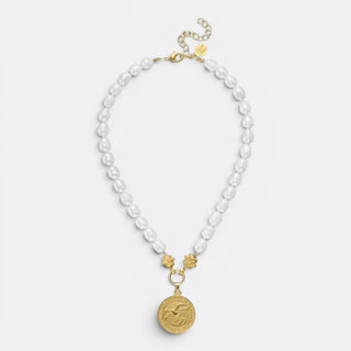 Susan Shaw USA 250th pearl necklace with freshwater pearls and gold coin pendant featuring an eagle design, front view on white background