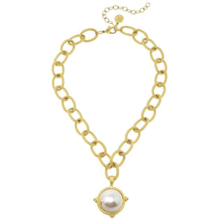 Susan Shaw Pearl Cab Chain Necklace with textured gold links and luminous pearl pendant front product view