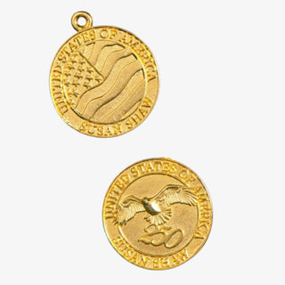 Susan Shaw USA 250th commemorative gold coin charm showing both sides with American flag and eagle designs, detailed product view on white background