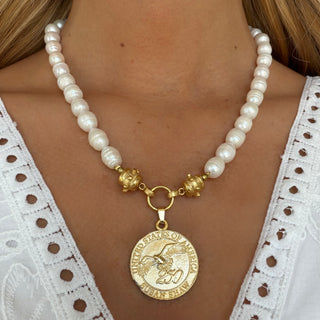 Susan Shaw USA 250th pearl necklace with freshwater pearls and gold eagle coin pendant worn by model front view