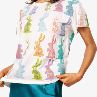 Queen of Sparkles Easter bunny sequin tee with multicolor bunny design, short sleeves, crew neckline, and relaxed fit perfect for spring wear