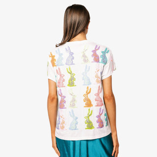 Queen of Sparkles Easter bunny sequin tee with multicolor bunny design, short sleeves, crew neckline, and relaxed fit perfect for spring wear