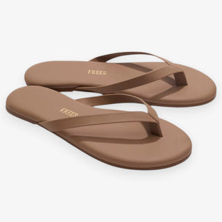 Pair of brown sandals with 'TKEES' branding on a white background