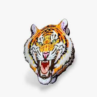 Tiger head claw hair clip with roaring orange, black and white tiger design, front view for game day hairstyles