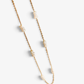 18K gold non-tarnish petite triple pearl choker necklace with spaced pearl clusters shown in full product view