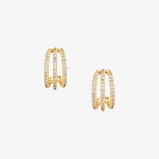 Gold Triple Hoop Earrings with pavé crystals and tarnish-resistant finish on white background