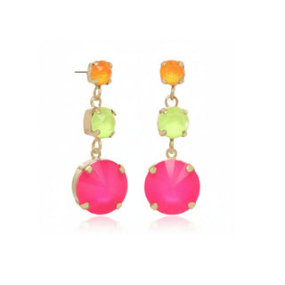 Colorful statement drop earrings with pink, green, and orange faceted gemstones in gold settings front view