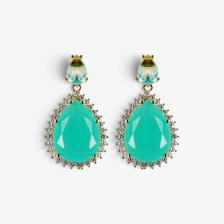 Turquoise teardrop drop earrings with crystal halo statement front view