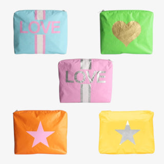 Tyvek colorful pouches with various designs on a white background