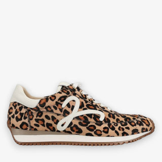 Leopard print sneaker with white laces on a light gray background