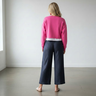 Michael Stars April wide leg trouser in nocturnal blue with cropped wide leg silhouette, tailored back fit, and clean modern design shown on model back view