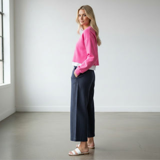 Michael Stars April wide leg trouser in nocturnal blue with cropped wide leg silhouette, side pockets, and relaxed fit shown on model side profile view