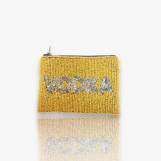 Gold beaded pouch with 'VODKA' text in silver beads on a white background