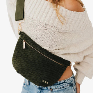Pretty Simple Suede Westlyn Bum Bag in olive with woven texture, adjustable strap and gold zipper