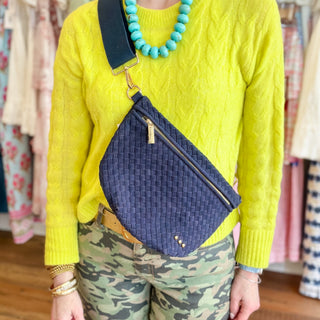 Westlyn woven navy suede bum bag with adjustable straps and gold hardware