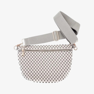 Westlyn Bum Bag in checkered grey with wide adjustable strap and gold hardware