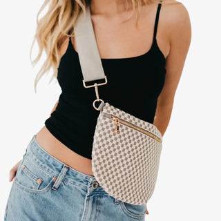 Westlyn Bum Bag in checkered grey with wide adjustable strap and gold hardware