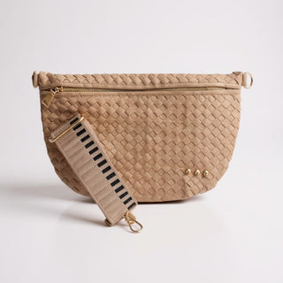 Pretty Simple Westlyn Bum Bag in woven taupe with gold hardware,  and a removeable stripe strap