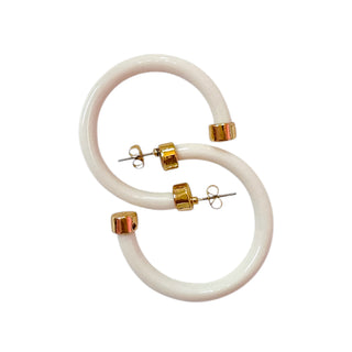 Hoo Hoops white hoop earrings medium size with glossy acrylic finish and gold accents front product view