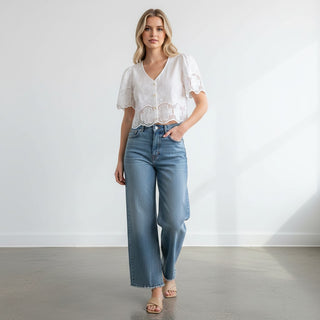 white eyelet lace blouse cropped top puff sleeve detail