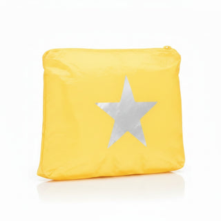 Yellow star Tyvek cosmetic bag with metallic star side angled product view