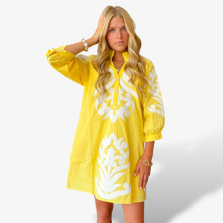 Yellow appliqué mini dress with white embroidered detailing on front and sleeves modeled front view