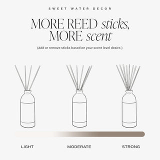 Sea and Salt reed diffuser with black reeds and clear glass bottle styled on wooden surface front view