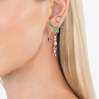 Alexandrine statement earrings with multicolor crystal drops and gold-tone bird-inspired design