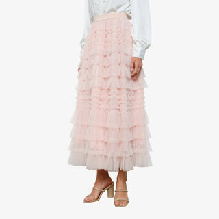 Light blush tiered tulle maxi skirt with layered ruffles and elastic waistband