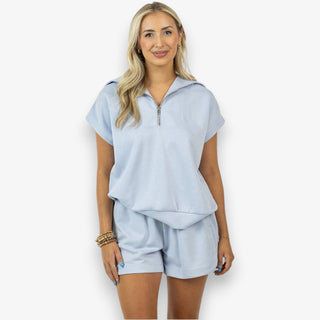 blue lounge set quarter zip top elastic waist shorts full outfit front view