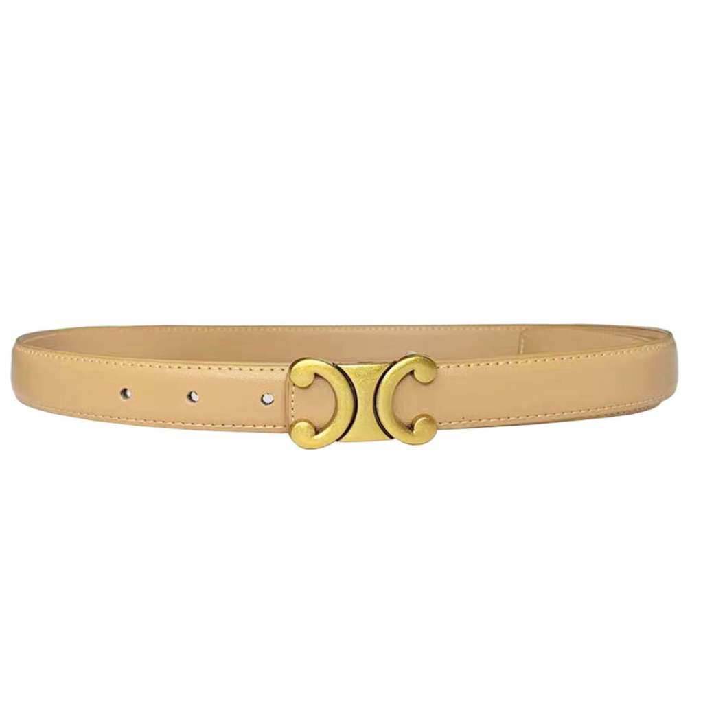 The Melonie Belt in tan with a brass buckle, showcasing its sleek, skinny design.. 