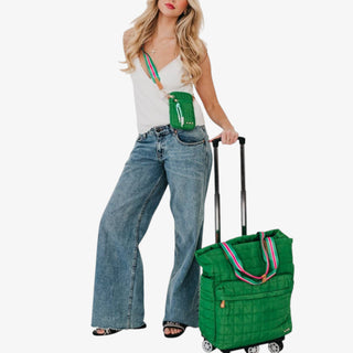 Jetsetter Quilted Rolling Tote in emerald with quilted design, dual handles, and telescopic handle on wheels