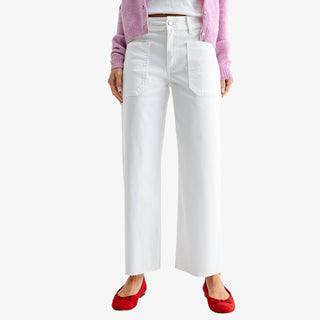 Wide leg white pants with high rise waist front patch pockets and relaxed straight leg fit