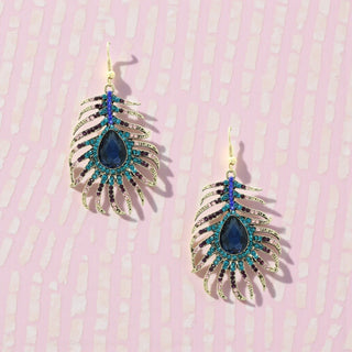 Sidra peacock crystal drop earrings with multicolor stones and blue teardrop center
