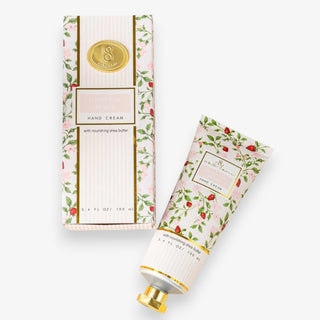 botanical berry hand cream tube and box with floral berry print and gold accents 8 oak lane 3.4 oz